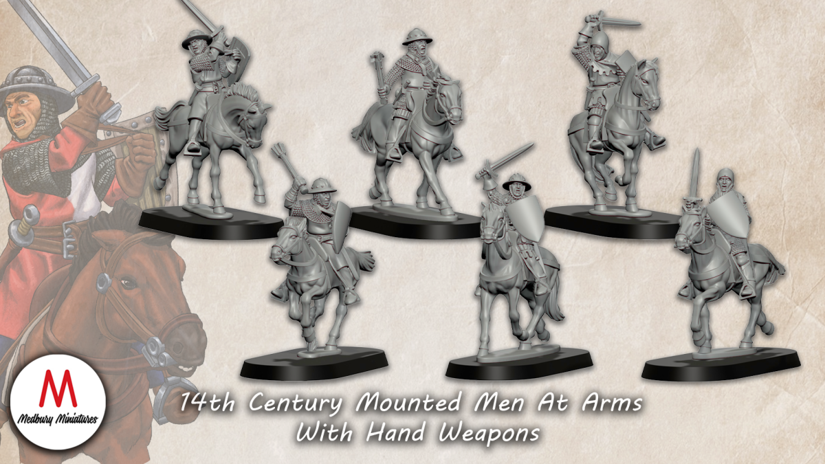 14th century mounted men at arms with hand weapons
